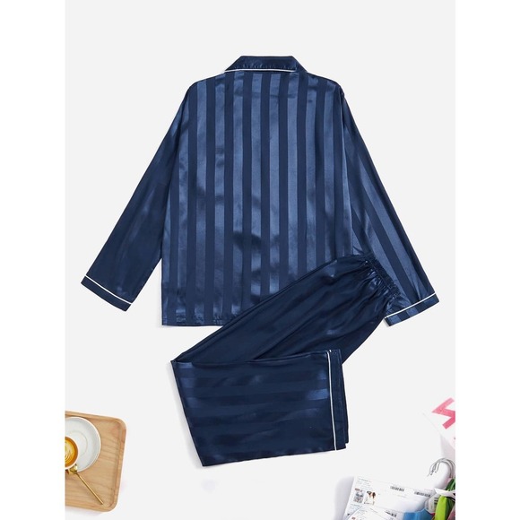 Black 2 piece pajama set: Contrast Binding striped Satin pj Set - Picture 5 of 13